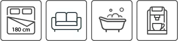 Doppelbett 180 cm breit, Couch, Badewanne, Kaffeemaschine